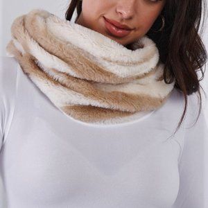 Striped Fuzzy Infinity Scarf in Taupe/Ivory